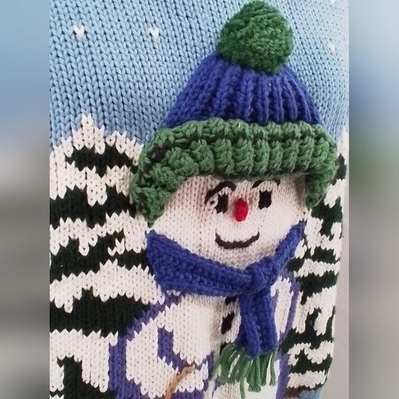 NWT Vintage REY WEAR Sz LG Blue Hand Knitted 3D SNOWMAN Holiday Sweater - Picture 2 of 4